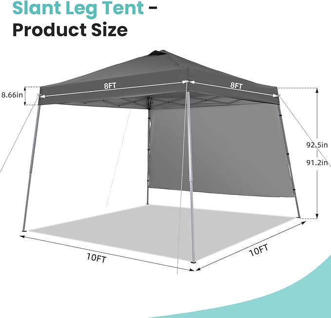 Canopy Tent, 10X10 FT Pop Up Canopy Outdoor Tent Slant Legs with Carrying Bag, Portable Gazebo Shelter - 8X8 FT Canopy Cover (Dark Grey with 1 Sidewall)