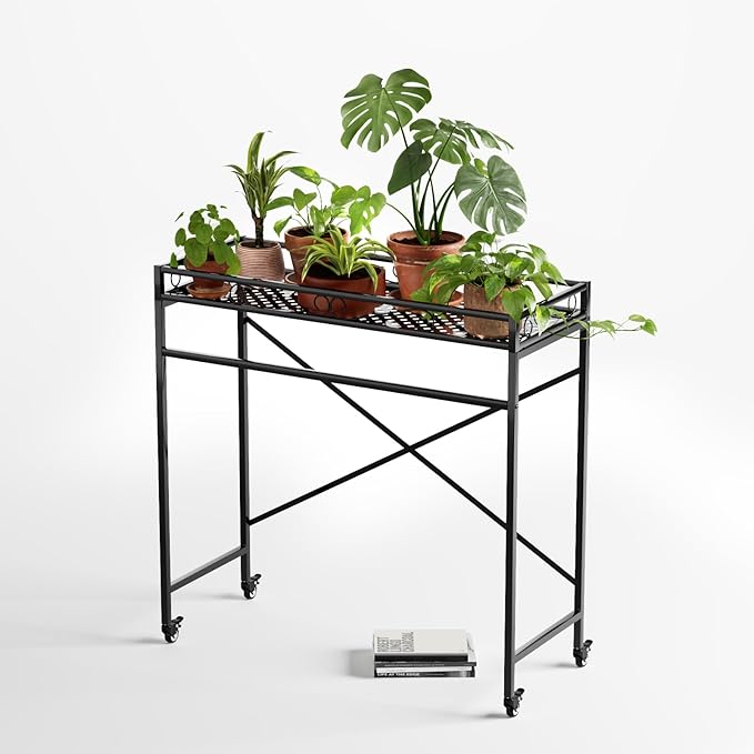 Zhongma 1 Tier Sturdy Metal Plant Stand with Wheels, 40.5x16x40.4 in High, Heavy Duty Succulent Shelf for Home Indoor and Outdoor, 220 LBS Capacity & Heavy Duty Construction