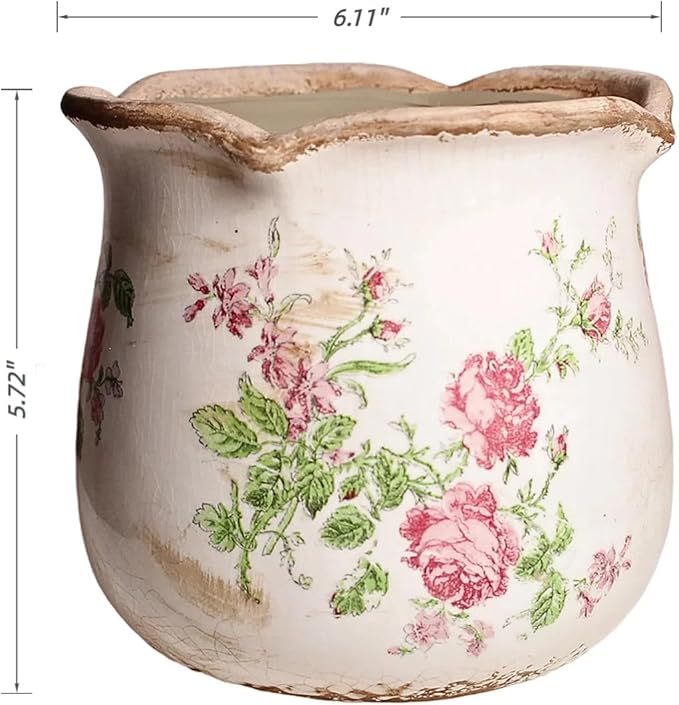 Shabby Chic Flower Pot, 6.11 Inch Ceramic Planter with Drainage for Indoor Plants, Vintage Ceramic Vase, Country Chic Spring Garden Home Decor, Pink Rose Floral