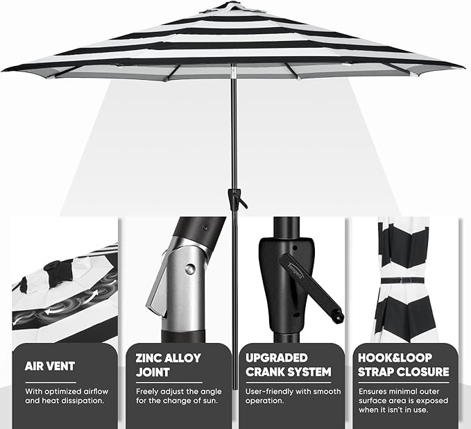Tempera Patio Market Outdoor Table Umbrella with Auto Tilt and Crank, Large Sun Umbrella with Sturdy Pole & Fade Resistant Canopy, Easy to Set