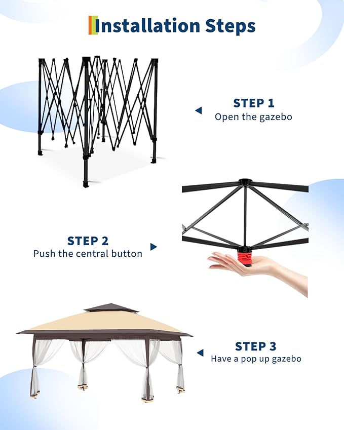 Canopy Tent 12x12 ft, Pop Up Gazebo One-Push Setup with 4 SandBags for Backyard Parties and BBQs, Mosquito Netting & Height Adjustable - Khaki & Coffee