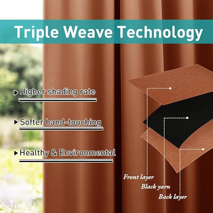 NICETOWN 2 Panels Outdoor Curtains Waterproof Fixed Grommet/Back Tab on Top & Bottom, Thermal Insulated Windproorf Sun Blocking Outdoor Drapes with Rope for Patio/Gazebo, W52 x L84, Burnt Orange