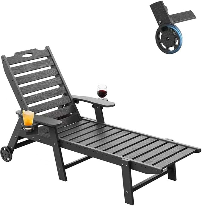 Carauci Lounge Chair Outdoor, HDPE Chaise Lounge with Wheels, 5-Position Adjustable Backrest & 2 Cup Holders Patio Lounge Chair, All-Weather Pool Sun Lounger for Poolside, Backyard, Black