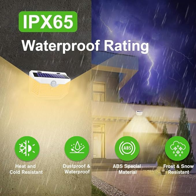 HMCITY 120 LED Solar Lights Outdoor with Motion Sensor and 3 Lighting Modes, IP65 Waterproof Wide Solar Wall Lights Ideal for Garden Patio Yard (Front Button 6Packs, White Shell-Warm White)