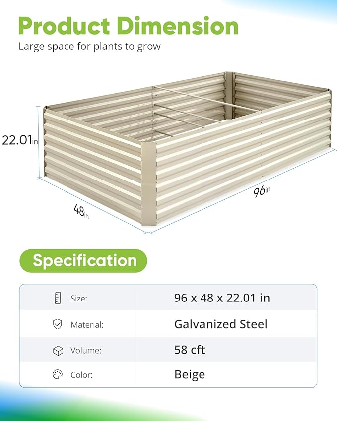 Quictent Galvanized Raised Garden Bed 8x4x2 Ft Tall Metal Planter Box for Vegetables Bottomless for Backyard, 2 Tomato Cages Included, 22.04" Deep, Beige