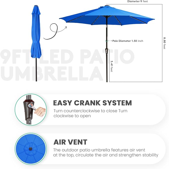 JEAREY 9FT Outdoor Patio Umbrella with Solar Lights, LED Lighted Pool Umbrella with Tilt and Crank, Outdoor Table Umbrellas for Deck, Yard & Market (Royal Blue)