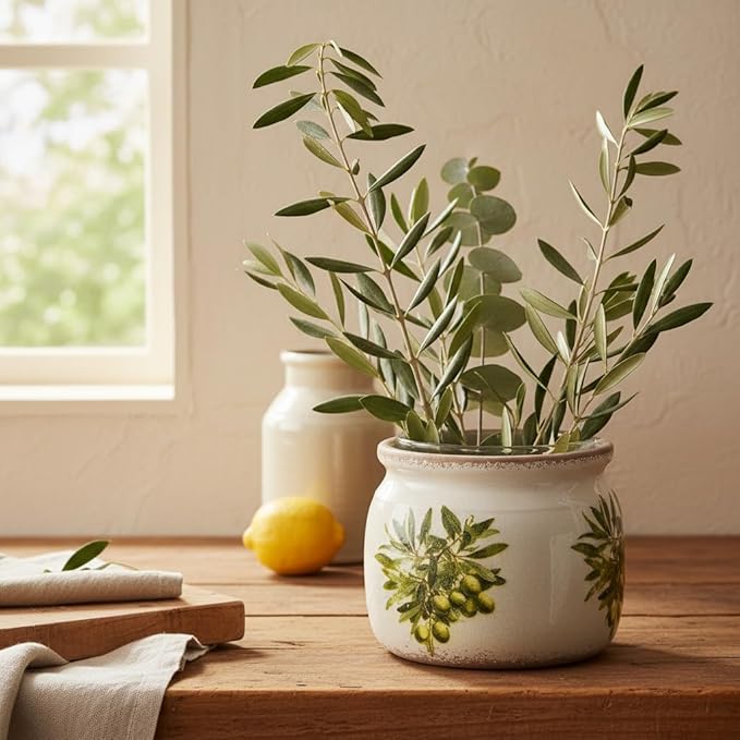 Mediterranean Ceramic Plant Pots with Olives Branches Pattern, 6 Inch Tuscan Planter for Indoor Plants, Rustic Farmhouse Home Kitchen Decor, Tuscan Vase for Centerpiece, Olive Green