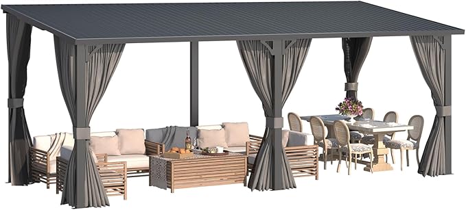 AECOJOY 20'x8' Outdoor Hardtop Metal Gazebo with Curtains and Netting for Patio, Large 8x20 Lean to Heavy Duty Wall Mounted Pergolas and Grill Gazebos Clearance, Patio Steel Roof Awnings for Decks