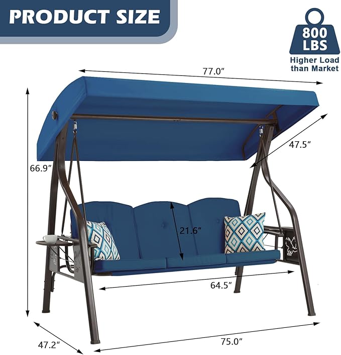 3-Seat Outdoor Porch Swing with Stand, Patio Swing with Canopy, 2 in 1 Porch Swing Bed & Patio Swing Chair for Adult w/Extra Pillows and Cup Holder for Yard (Blue)