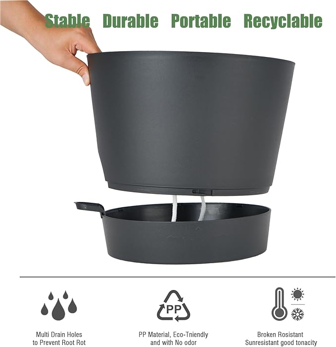 12inch Large Self Watering Plant Pot, Plastic Cylinder Planter with 60Oz Deep Reservoir and Saucer for Indoor Outdoor Plants Flowers Houseplants, Black