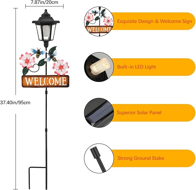 Lewondr Solar Garden Lights Bee, 37.4 Inch Solar Lamp Post Light with Welcome Sign & Bees, Outdoor Waterproof Solar Stake Lights for Yard Porch Patio Pathway Gardening Gifts, 2 Pack