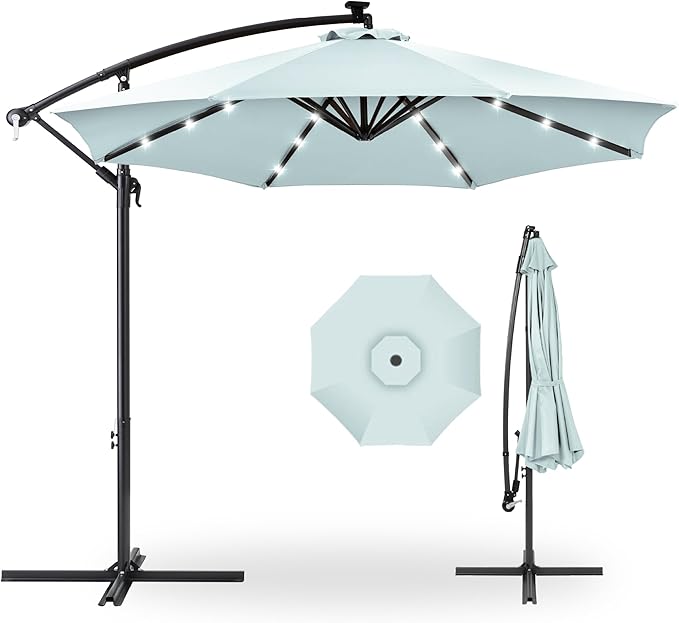 Best Choice Products 10ft Solar LED Offset Cantilever Hanging Market Patio Umbrella, 8 Sturdy Ribs, Easy Adjustment - Baby Blue