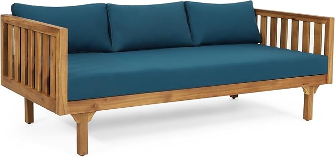 Merax Outdoor 3 Seater Daybed, Acacia Wood Day Bed Couch Sofa with Cushions for Patio Backyard, Garden, Blue