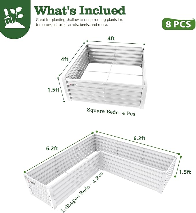 A ANLEOLIFE Set of 8, 18 Inch Tall Antique White Raised Garden Beds Kit, L-Shaped & Square Metal Planters – Ideal for Structured Backyard Layouts
