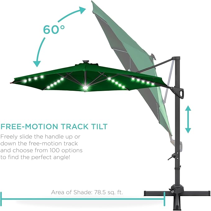 Best Choice Products 10ft Solar LED Cantilever Patio Umbrella, 360-Degree Rotation Hanging Offset Market Outdoor Sun Shade for Backyard, Deck, Poolside w/Lights, Easy Tilt, Cross Base