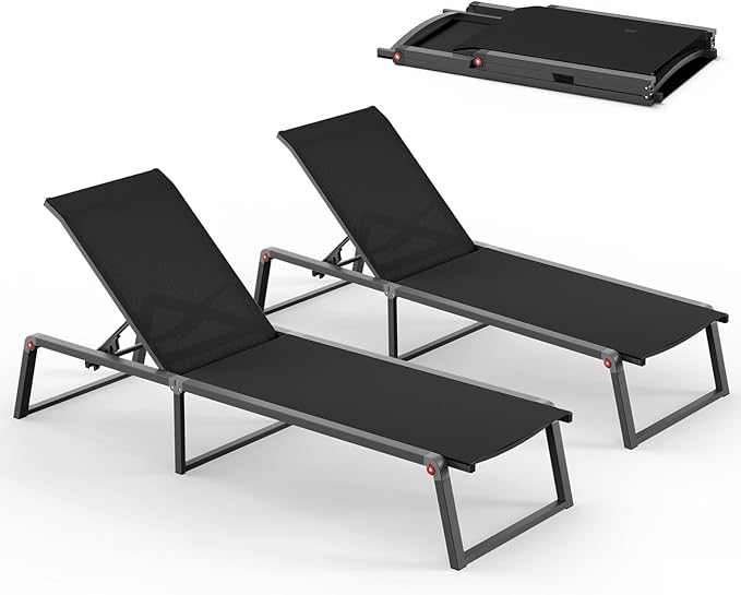 Aluminum Chaise Lounge Outdoor Set of 2, Foldable & Assembly Free Patio Pool Lounge Chairs 5-Position Recliner for Outside Poolside, Fully Grounded Legs Sun Lounger for Beach, Yard, Black