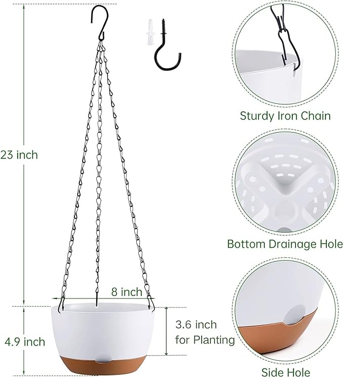 Hanging Planters for Indoor Plants, Set of 2 8/10 Inch Self-Watering Hanging Pots with Drainage Hole & Removable Water-Storage Tray II Screw-in Hooks