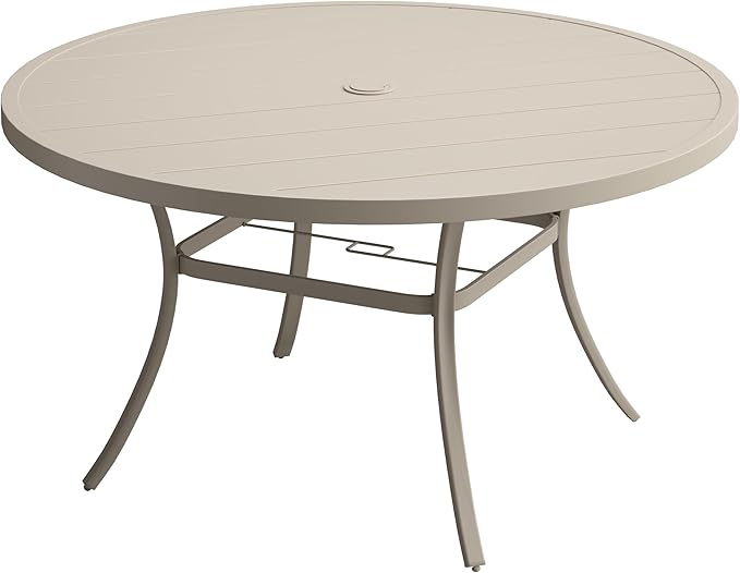 VICLLAX 50" Outdoor Round Patio Table with Umbrella Hole, All Weather Metal Round Outdoor Dining Table for Lawn Garden, 6-8 Person Table, Sandshell
