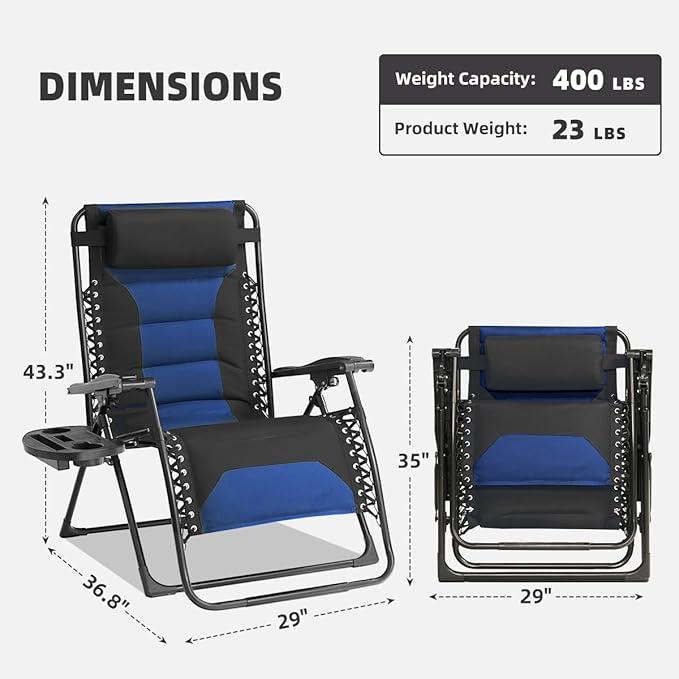 Zero Gravity Chair Set of 4 Oversized Folding Recliner, Padded Anti Gravity Lounge Chair with Adjustable Pillow & Cup Holder for Outdoor Camping, Patio, Poolside, Lawn (Black & Blue)