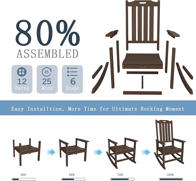 Oversized Rocking Chair Set of 4, Outdoor Rocking Chair for Adults, All Weather Resistant Porch Rocker for Lawn Garden, Brown