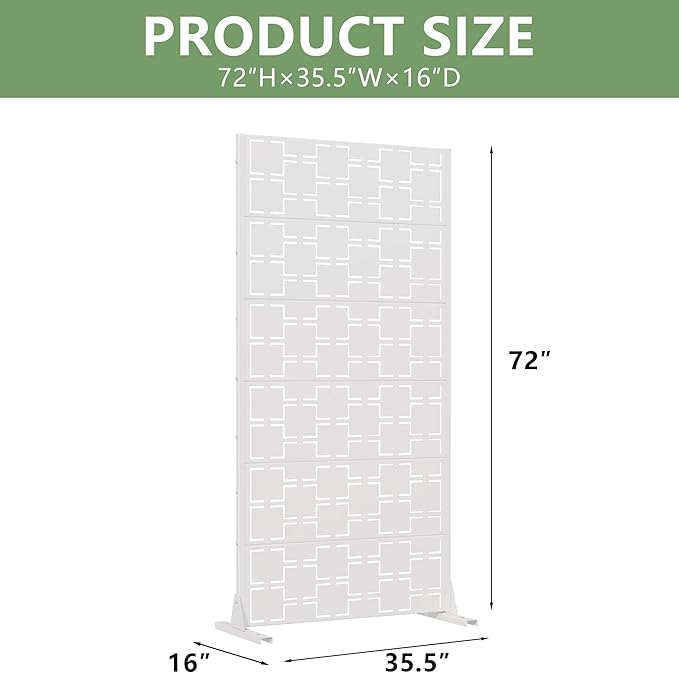 Casaphoria Metal Privacy Screen Outdoor, 72" H x 35" W Freestanding Decorative Privacy Screen for Patio Deck Balcony Garden with Stable Base, White-Square