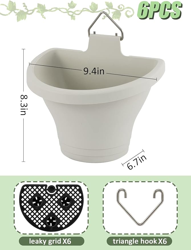 MADHOLLY 6Pcs Vertical Hanging Planters for Outdoor Plants - Wall Plant Holder for Indoor Decorations Garden Fence, Plastic Flower Pots with Drainage Grid and Hooks (White)