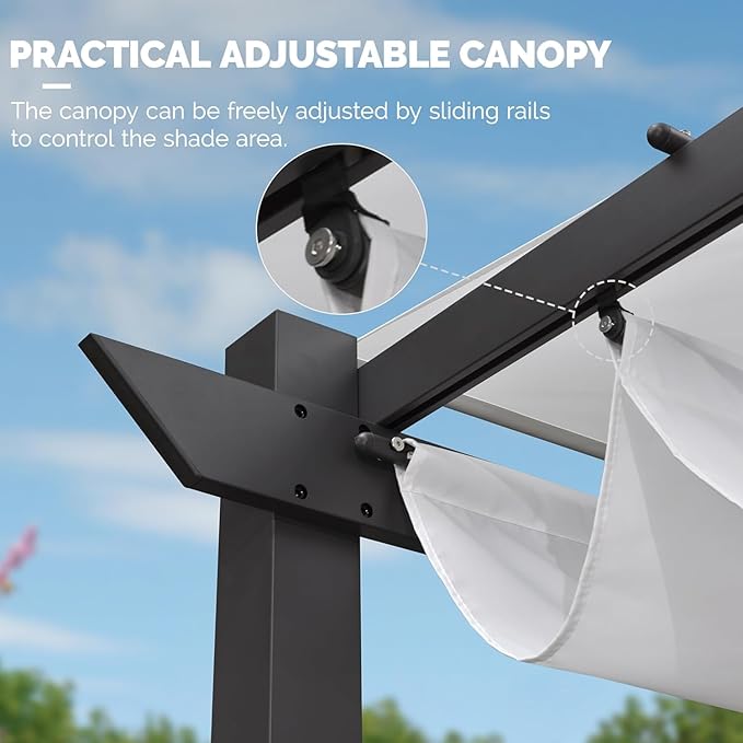 PURPLE LEAF 10' x 13' Outdoor Retractable Pergola with Double Sun Shade Canopy Patio Aluminum Pergola Metal Shelter with Light for Backyard Deck Garden, White