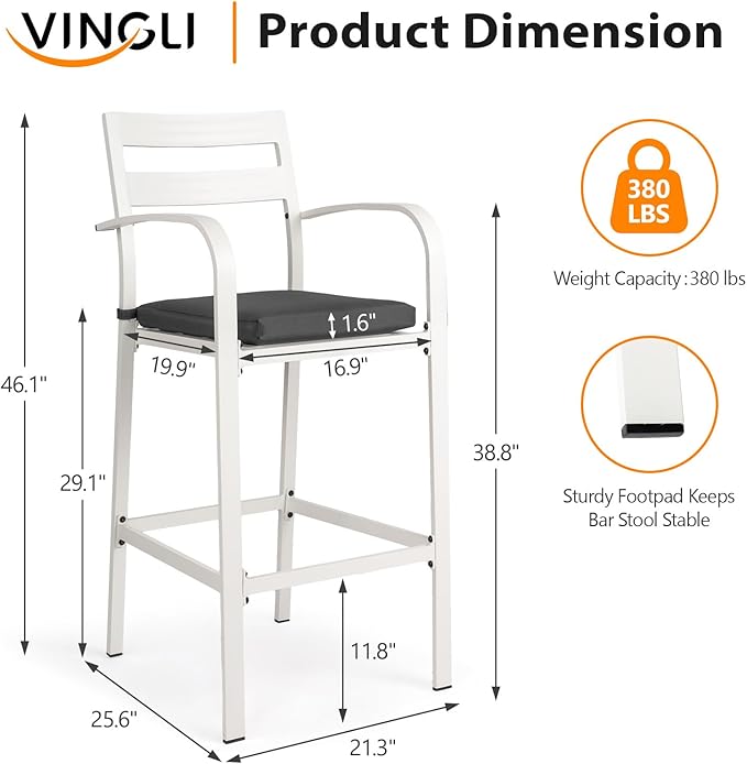 VINGLI Outdoor Bar Stools Set of 2, All-Weather Bar Height Aluminum Stools with 1.6" Thick Cushion, Rust-Proof Patio Chairs for Backyard, Poolside, Balcony & Kitchen Island (White)