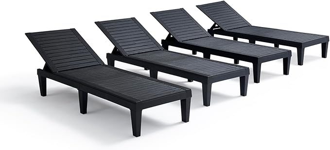 Nestl Patio Chairs - Black Chaise Lounge Chair Outdoor, 5-Position Adjustable Sun Tanning Chair, Waterproof Pool Lounge Chairs Set of 4, Reclining Lawn Chair, Lightweight Outdoor Lounge Chairs