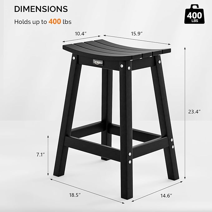 VINGLI 24 Inch Outdoor Bar Stools Set of 2, HDPE Weather Resistance Counter Height Bar Stools Durable Heavy Duty Patio Chairs for Bar Deck Balcony Kitchen Counter and Yard (Black, 24 Inch 2PC)