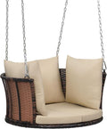 VINGLI 2.4 FT 1-Person Use Round Rattan Porch Swing Outdoor Support 440 LBS with Cushions & Adjustable Chains, Patio Wicker Swing Bench Chair for Garden, Yard, Lawn, Tree, Brown