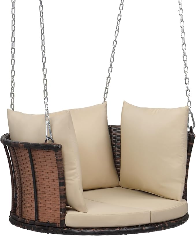 VINGLI 2.4 FT 1-Person Use Round Rattan Porch Swing Outdoor Support 440 LBS with Cushions & Adjustable Chains, Patio Wicker Swing Bench Chair for Garden, Yard, Lawn, Tree, Brown