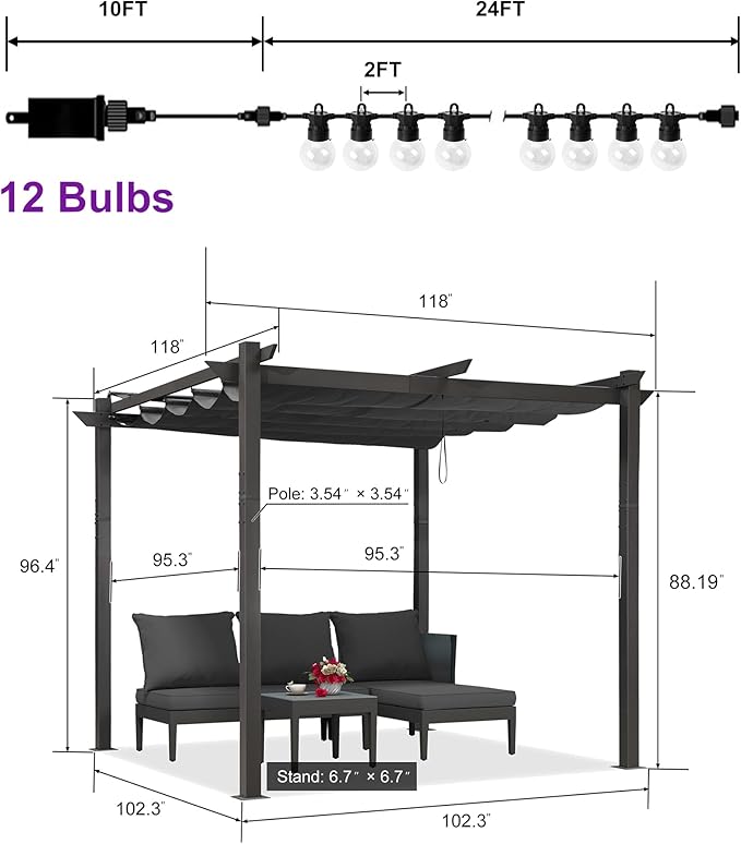 PURPLE LEAF 10' x 10' Aluminum Outdoor Pergola Modern Grape Trellis Retractable Pergola with Double Sun Shade Canopy Metal Pergola with Light for Patios Backyard Deck Garden, Grey