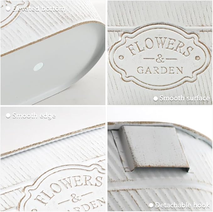3 Pack Metal Railing Planters, 10.5" Oval Hanging Flower Pots with Detachable Hooks & Drainage Holes, Fits Rails up to 2.36", Galvanized Iron Fence Bucket for Balcony Garden Patio - Letter White