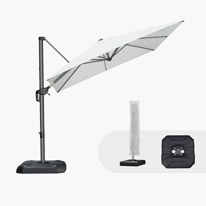 PURPLE LEAF 8'×8' Patio Cantilever Umbrella with Base Included Offset Outdoor Umbrella with cover Square umbrella outdoor patios for Backyard Pool Garden White