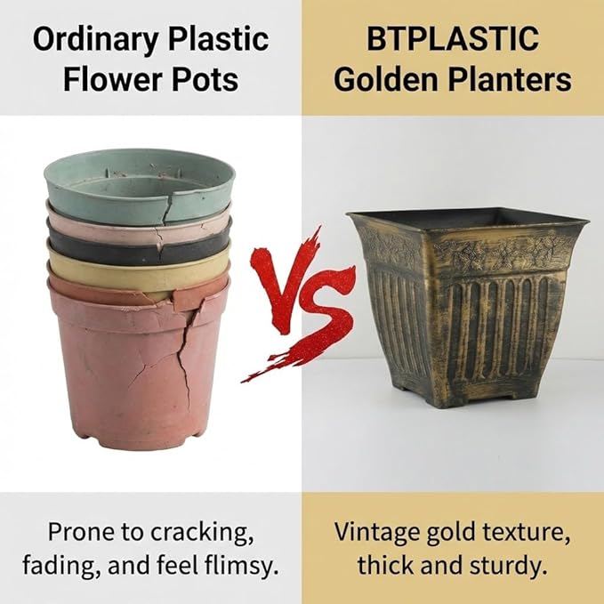 14 Inch Vintage Square Planter - 4 Pack Heavy Duty Antique Gold Plastic Flower Pot with Drainage & Raised Base, Retro Distressed Style Plant Container for Outdoor Patio, Porch, Indoor (7 Gallon)