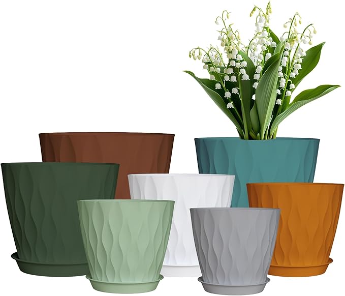 7/6.5/6/5.5/5/4.5/4 inch Plastic Plant Pots, 7 Pack Flower Planter for Indoor Outdoor Plant, Planters with Drainage Holes and Trays (Colorful)