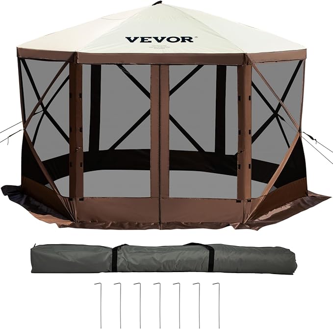 VEVOR 12 * 12ft 6 Sided Pop-up Canopy Shelter Tent with Mesh Windows, Portable Carry Bag, Stakes, Large Shade Tents for Outdoor Camping, Lawn and Backyard, Brown/Beige