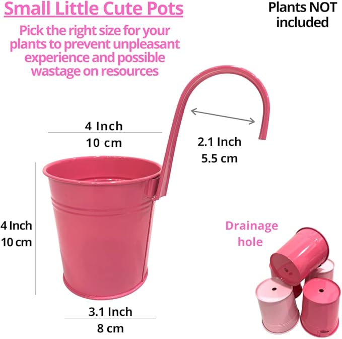 LaLaGreen Railing Planters Outdoor -10 Pack, 4 Inch Metal Hanging Flower Bucket, Small Pink Plant Pot Succulent Indoor Patio Fence Planter Box Balcony Garden Wall Decor Rail Deck Macetas Decorativas