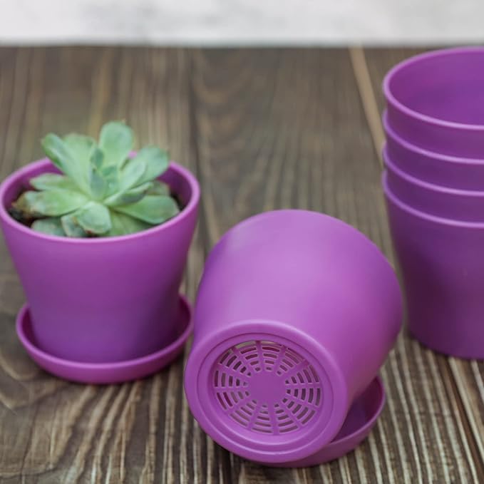 TDHDIKE 10 Pcs Plastic Planters Indoor Flower Plant Pots, Mini Flower Seedlings Nursery Pot/Planter/Flower Pot with Pallet, Modern Decorative Gardening Containers (Purple)