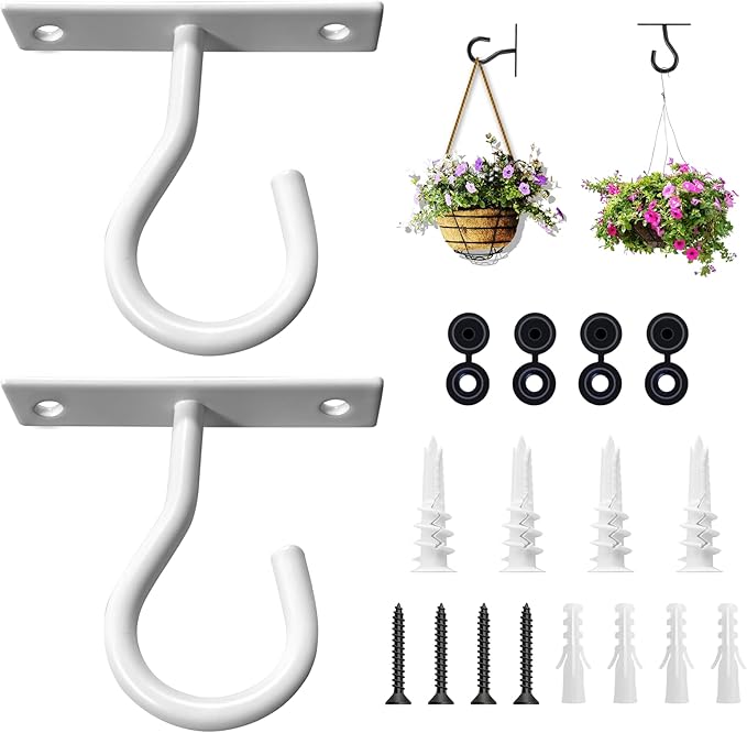 2Pack 2.5Inch Ceiling Hooks for Hanging Plant, Hanger for Indoor and Outdoor Plant Pots Holder, Wall Hook for Planters, Flower Basket, Wind Chimes, Lanterns, Lights, Bird Feeders, Home Decor-White