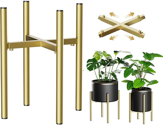 H HOMEXIN Adjustable Plant Stand Indoor, Metal Plant Stand 8 to 12 Inches, Single Floor Plant Pot Stand Mid Century Plant Holder for Indoor Outdoor Plants - Gold (Pot Not Include