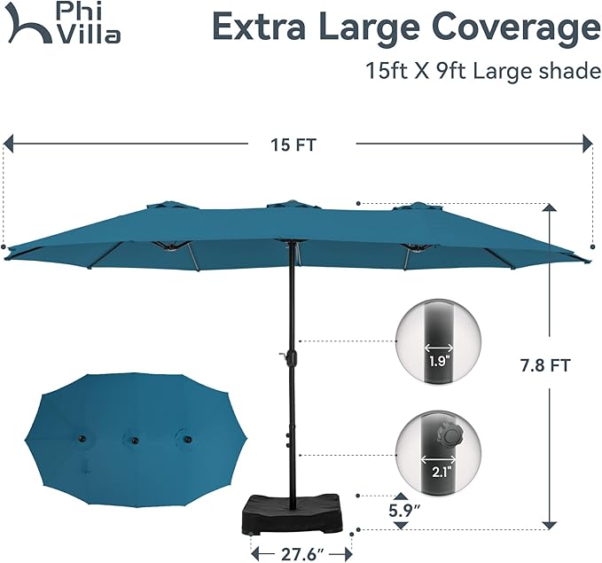 PHI VILLA 15ft Large Patio Umbrellas with Base Included, Outdoor Double-Sided Rectangle Market Umbrella with Crank Handle, for Poolside Lawn Garden, Cyan