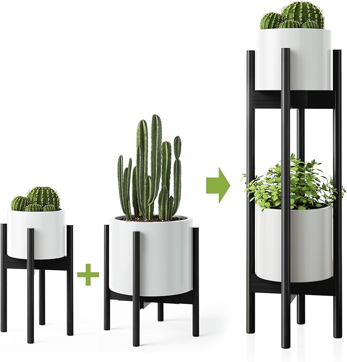 MUDEELA 2 Pack Indoor Plant Stands, 2 Tier Tall Plant Stand 30 inches, Mid Century Bamboo Plant Stand, Adjustable Width 8 - 12 inches, Fits Pot Size of 8 9 10 11 12 inches Pot & Plant Not Included, Black