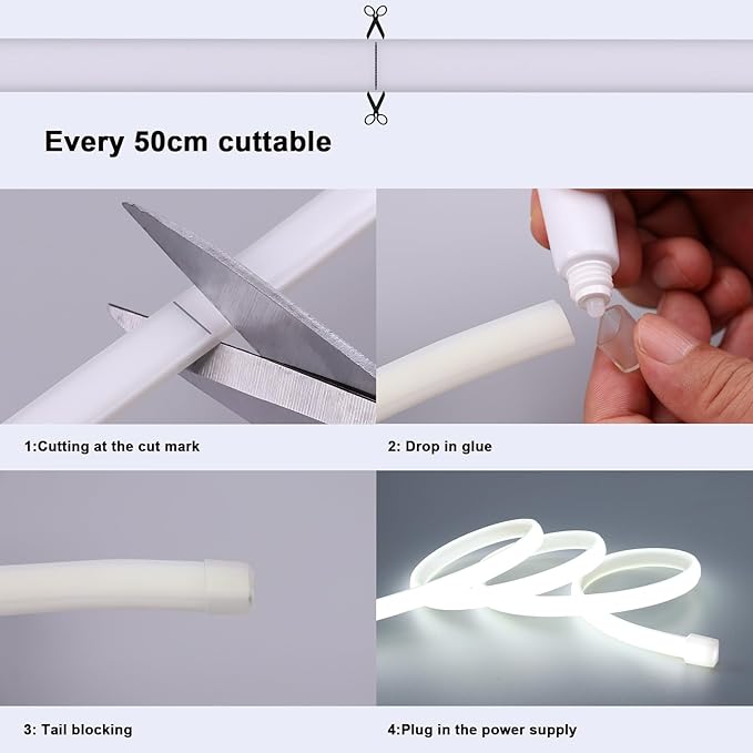AC 110V COB LED Strip Lights Outdoor Waterproof 65.6ft, 6000K Cool White Super Bright 200W CRI 90+ LED Rope Light, IP65 Flexible Cuttable, for Bedroom Garden Commercial House