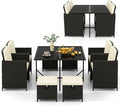 Tangkula 9 Pieces Outdoor Dining Furniture Set, Space-Saving Wicker Rattan Chairs & Tempered Glass Table with Ottomans, Cushioned Seat, Patio Conversation Set for Garden Yard Poolside