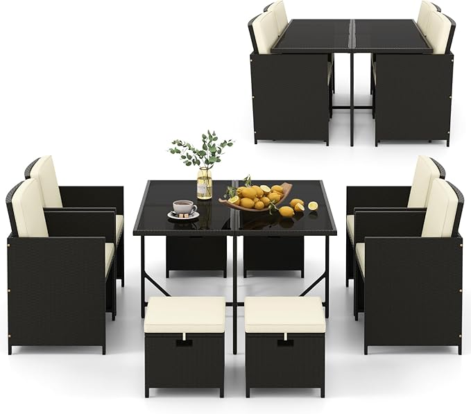 Tangkula 9 Pieces Outdoor Dining Furniture Set, Space-Saving Wicker Rattan Chairs & Tempered Glass Table with Ottomans, Cushioned Seat, Patio Conversation Set for Garden Yard Poolside