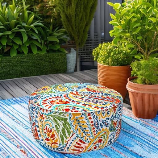 LVTXIII Indoor/Outdoor Inflatable Ottoman with Handle D21 x H9 Inch, Weather-Resistant Round Footstool Pouf for Patio Camping Living Room, Portable Footrest Extra Seating, Paisley Ummi Multi