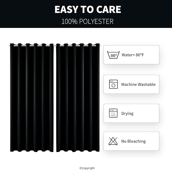 Water Proof Outside Curtains with Grommet Top for Porch, W84 x L95 Thermal Insulated Washable Light Block Outdoor Divider Drapes for Patio Gazebo Deck Pool Area Pergola Cabana (Black)