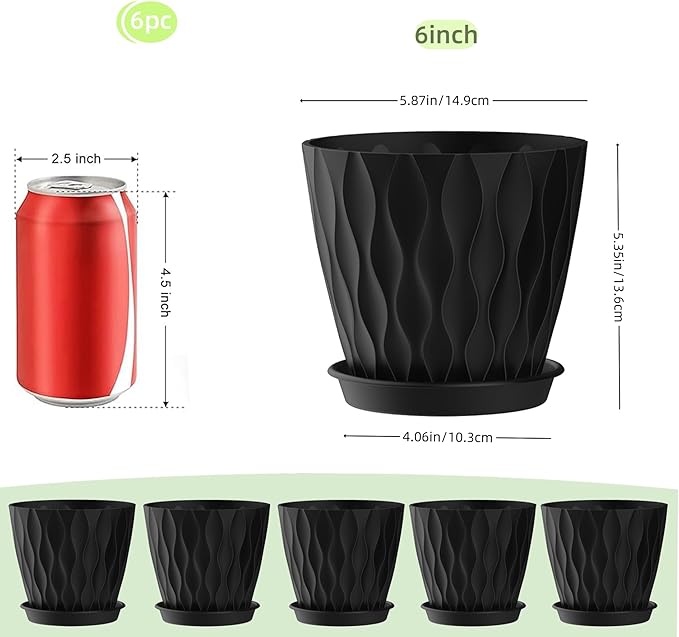 6 Inch Plant Pots, 6 Pack Indoor Flower Pots, Planters with Drainage Holes and Trays for Orchids, Violets, Succulents, Herbs, and Other Plants, Black